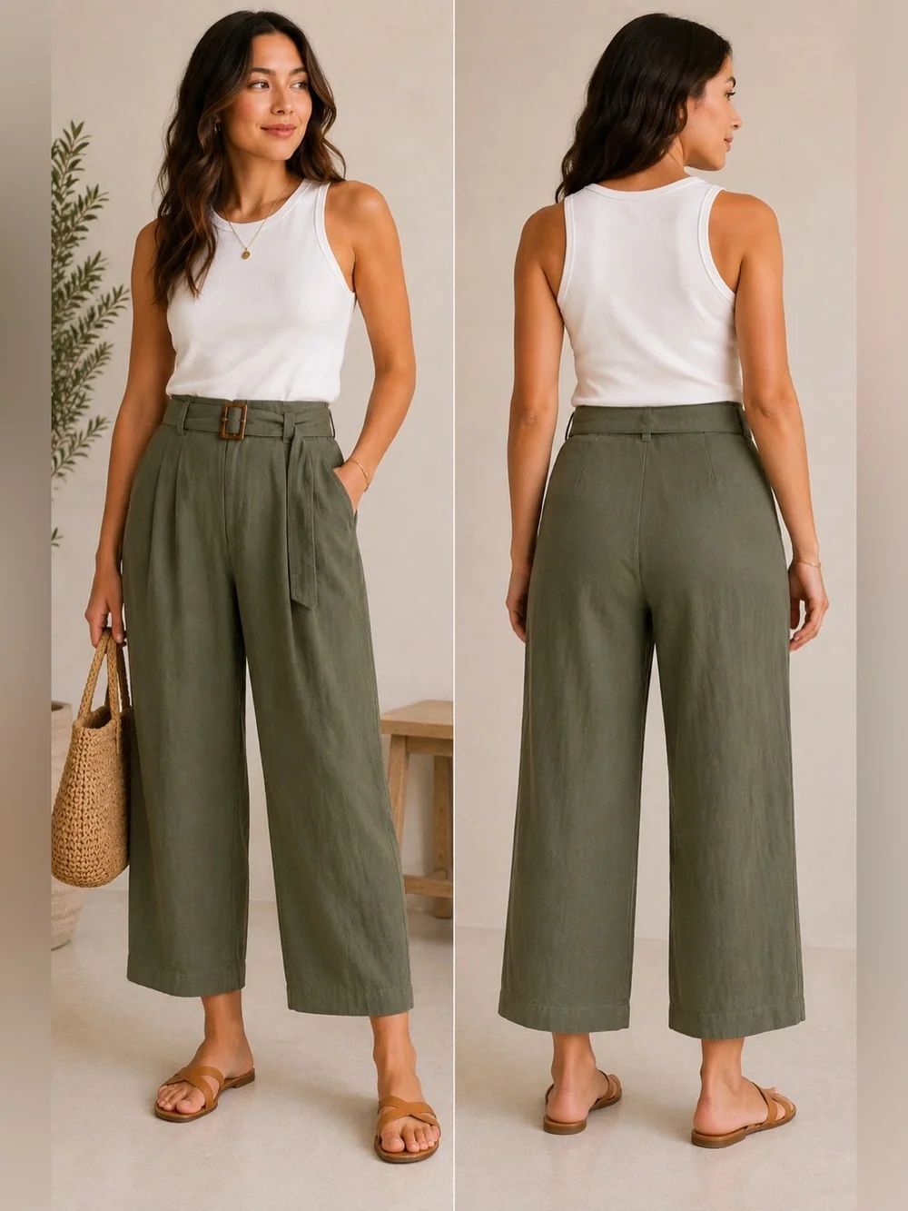 Si Sono Sage Green Linen Blend Belted Ankle Crop Wide Leg Pants L